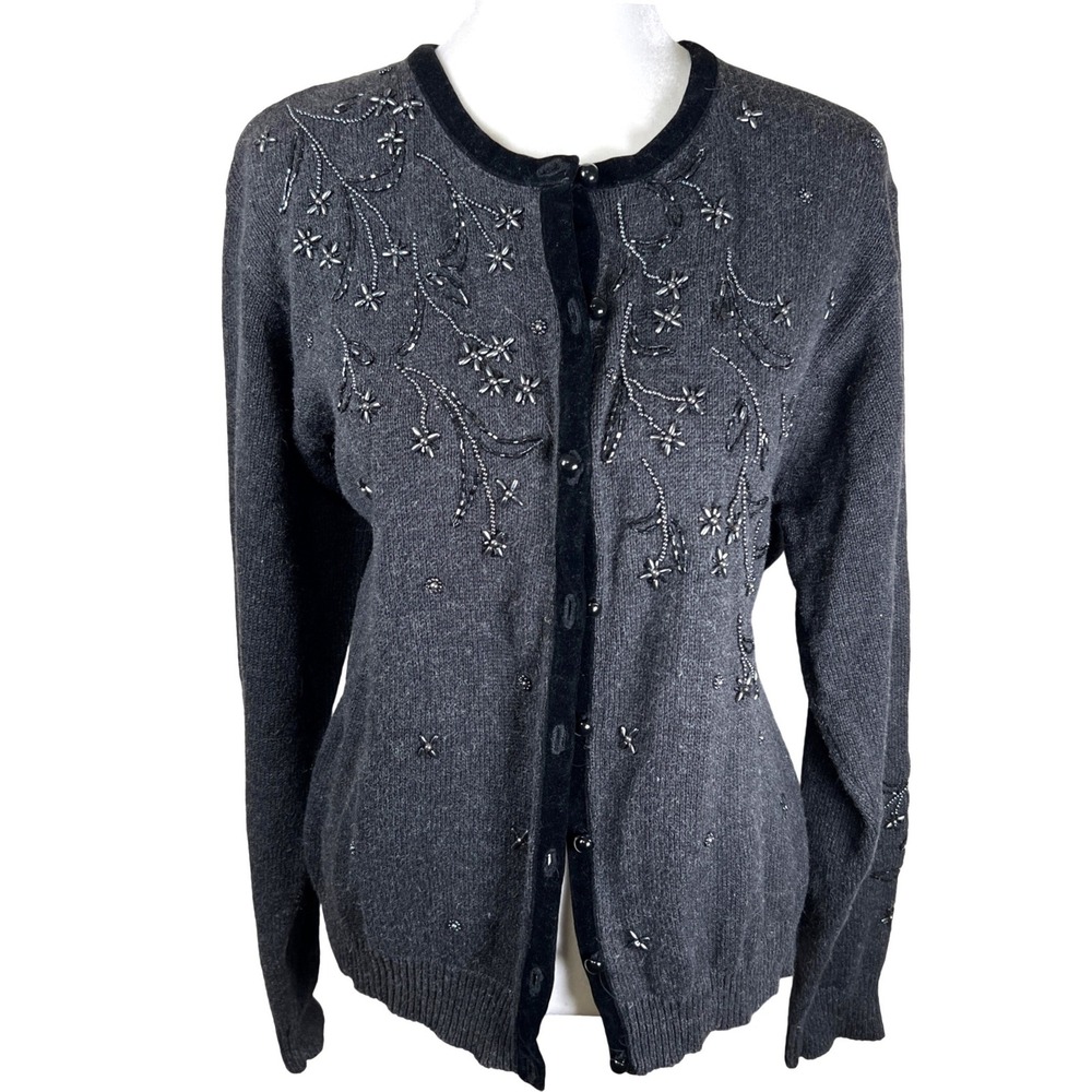 Yarnworks Embellished Beaded Velvet Trim Cardigan Sweater Women's XLarge Gray